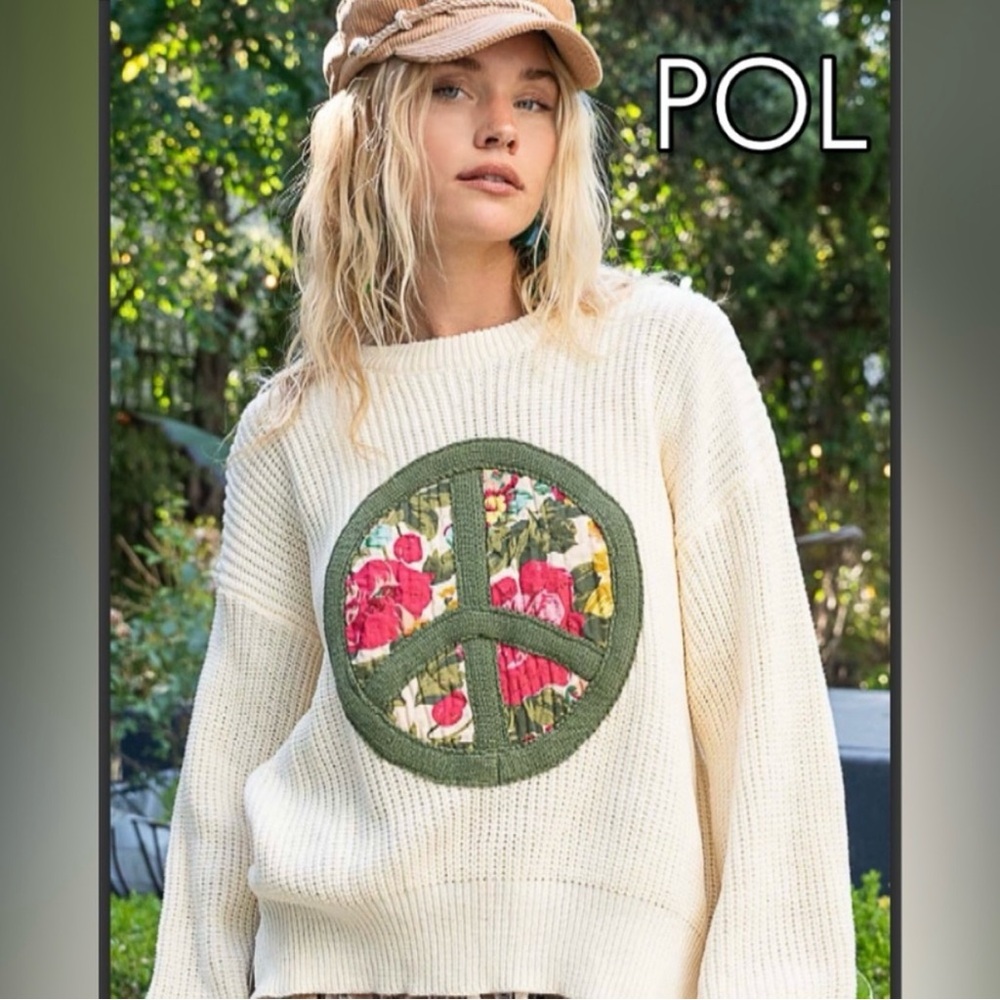 POL Cream Sweater with Green Peace Sign